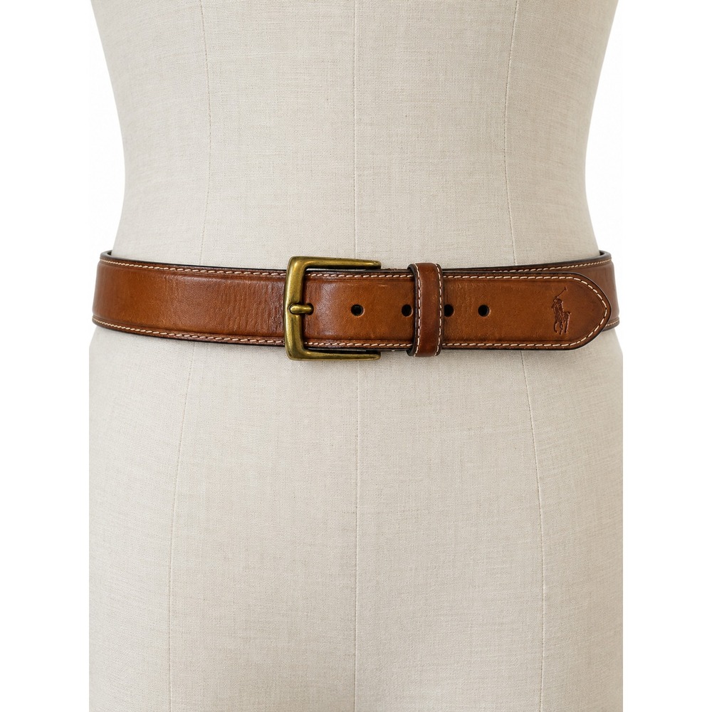 Polo Ralph Lauren Brown Italian Leather Belt Pony Logo Brass Tone Buckle Size 42